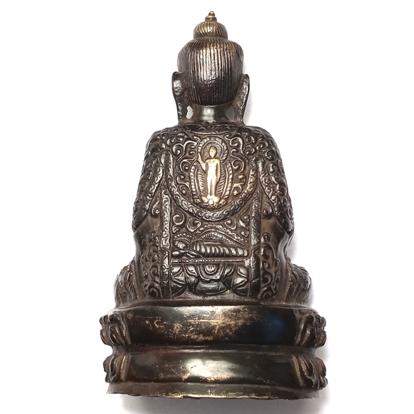 Bronze and Brass Sitting Buddha on a Lotus Flower Sculpture Figurine - Picture 14 of 16